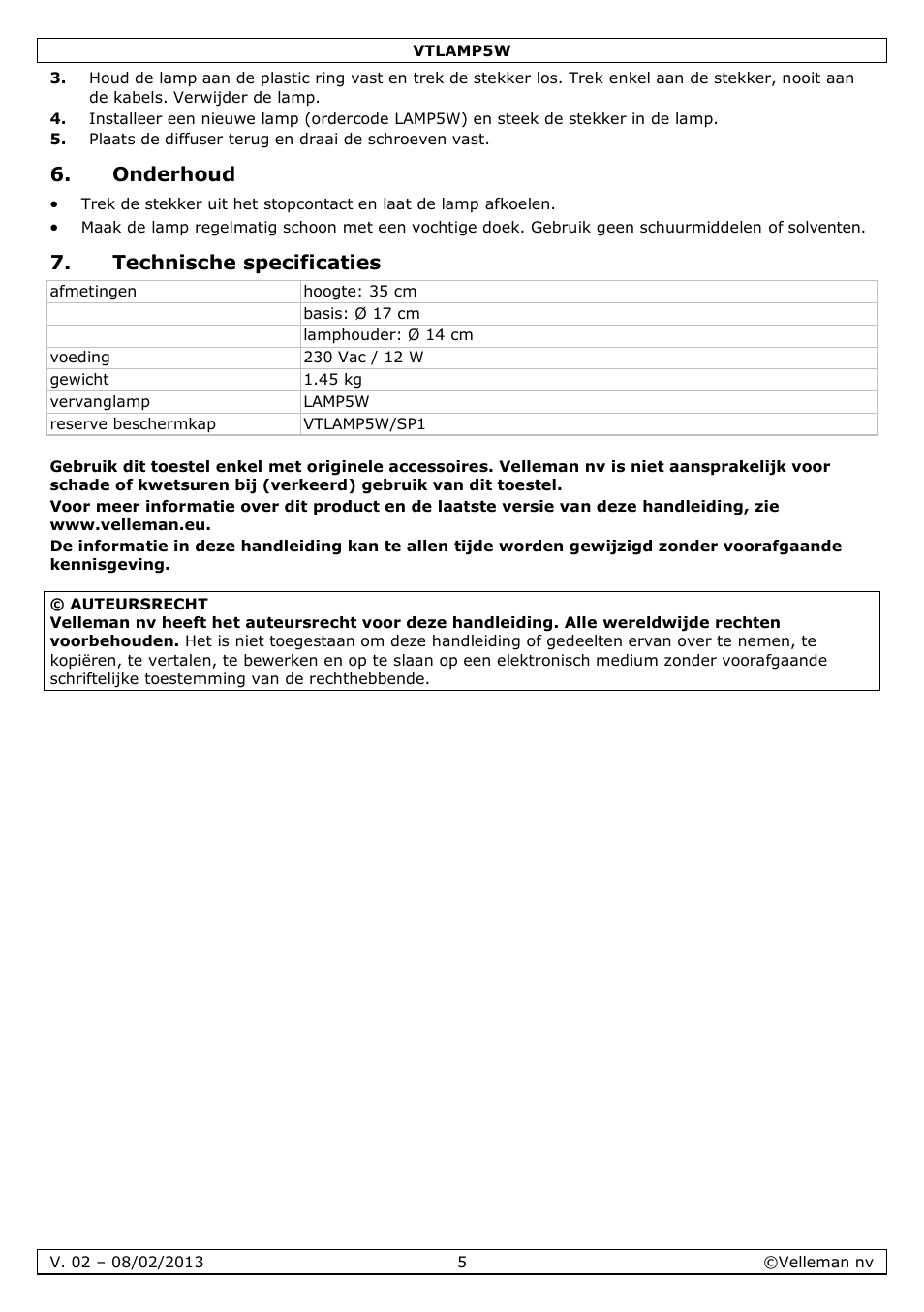 Onderhoud, Technische specificaties | Velleman VTLAMP5W User Manual | Page 5 / 18