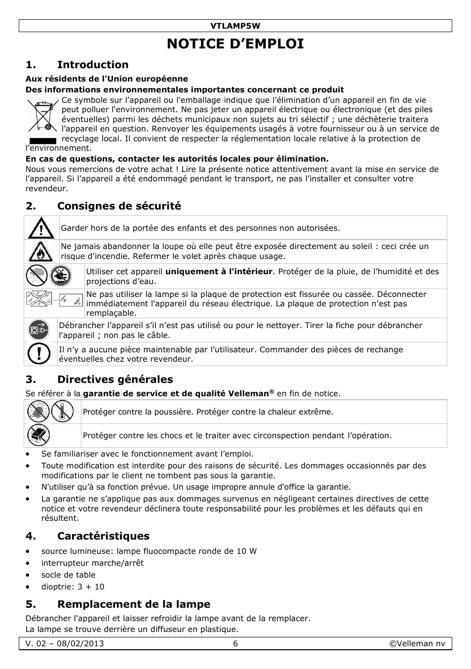 Notice d’emploi, Introduction, Consignes de sécurité | Directives générales, Caractéristiques, Remplacement de la lampe | Velleman VTLAMP5W User Manual | Page 6 / 18