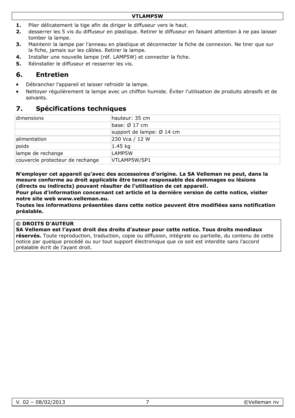 Entretien, Spécifications techniques | Velleman VTLAMP5W User Manual | Page 7 / 18