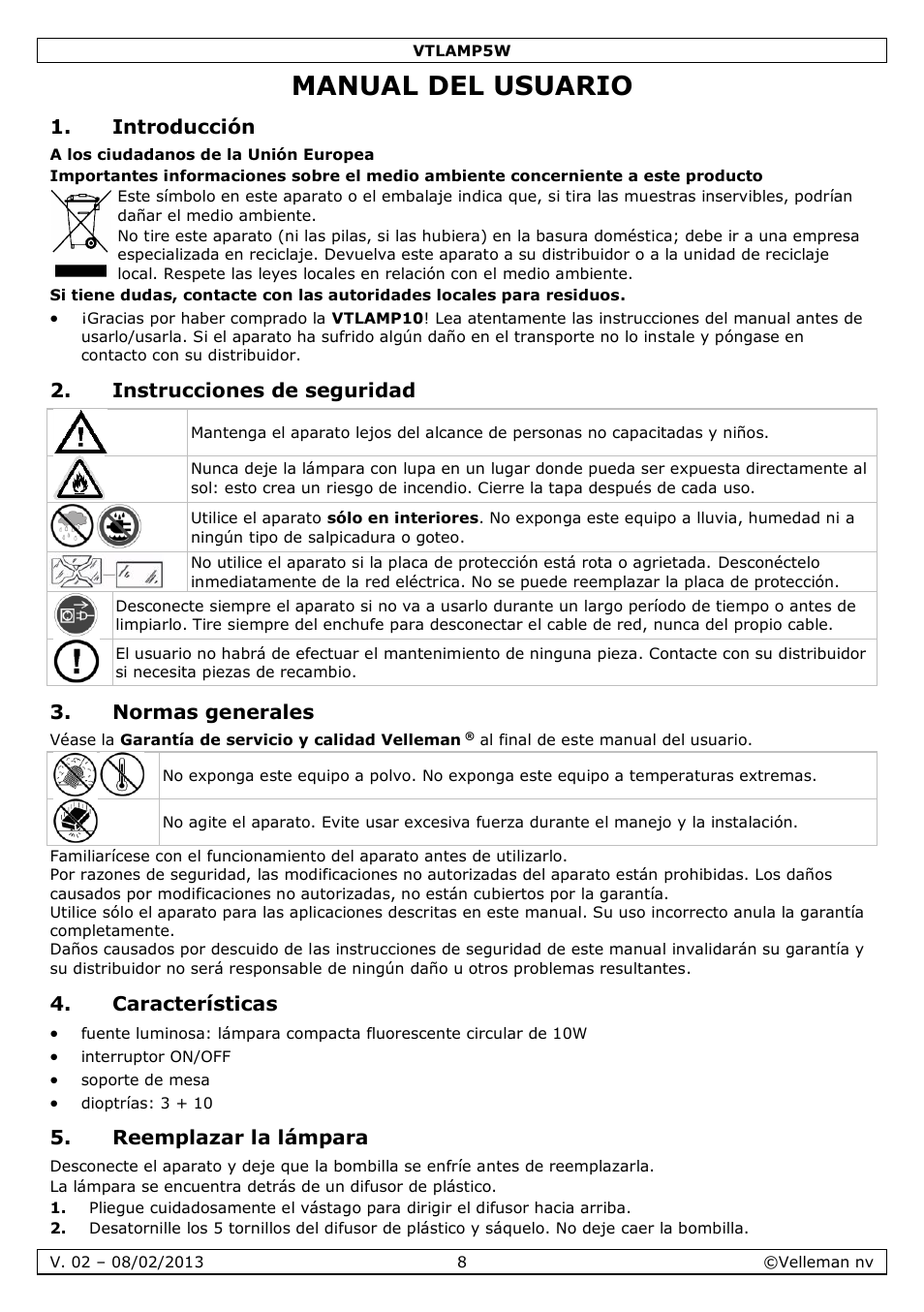 Manual del usuario, Introducción, Instrucciones de seguridad | Normas generales, Características, Reemplazar la lámpara | Velleman VTLAMP5W User Manual | Page 8 / 18