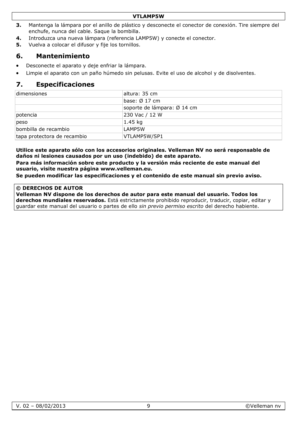 Mantenimiento, Especificaciones | Velleman VTLAMP5W User Manual | Page 9 / 18