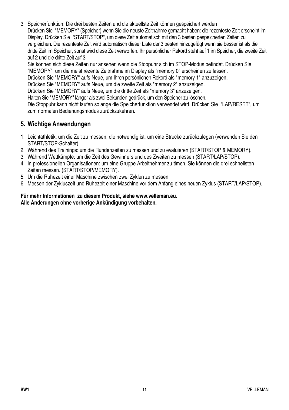 Wichtige anwendungen | Velleman SW1 User Manual | Page 11 / 11