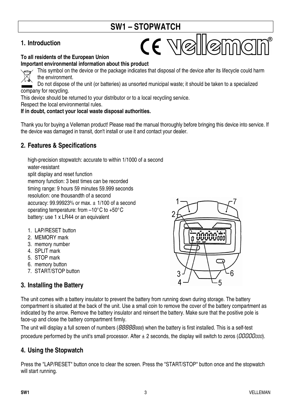 Sw1 – stopwatch | Velleman SW1 User Manual | Page 3 / 11