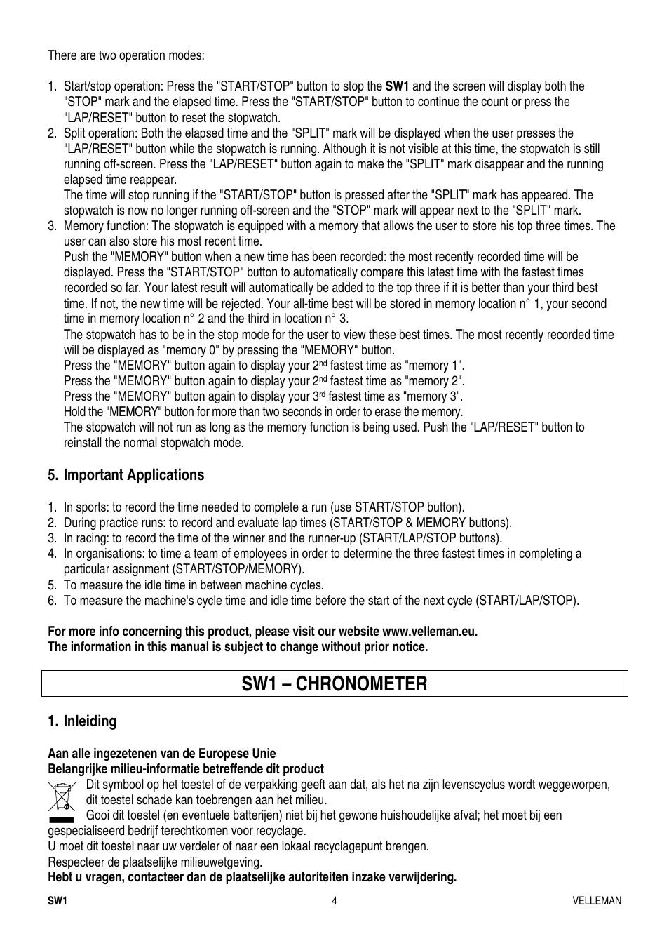 Sw1 – chronometer | Velleman SW1 User Manual | Page 4 / 11