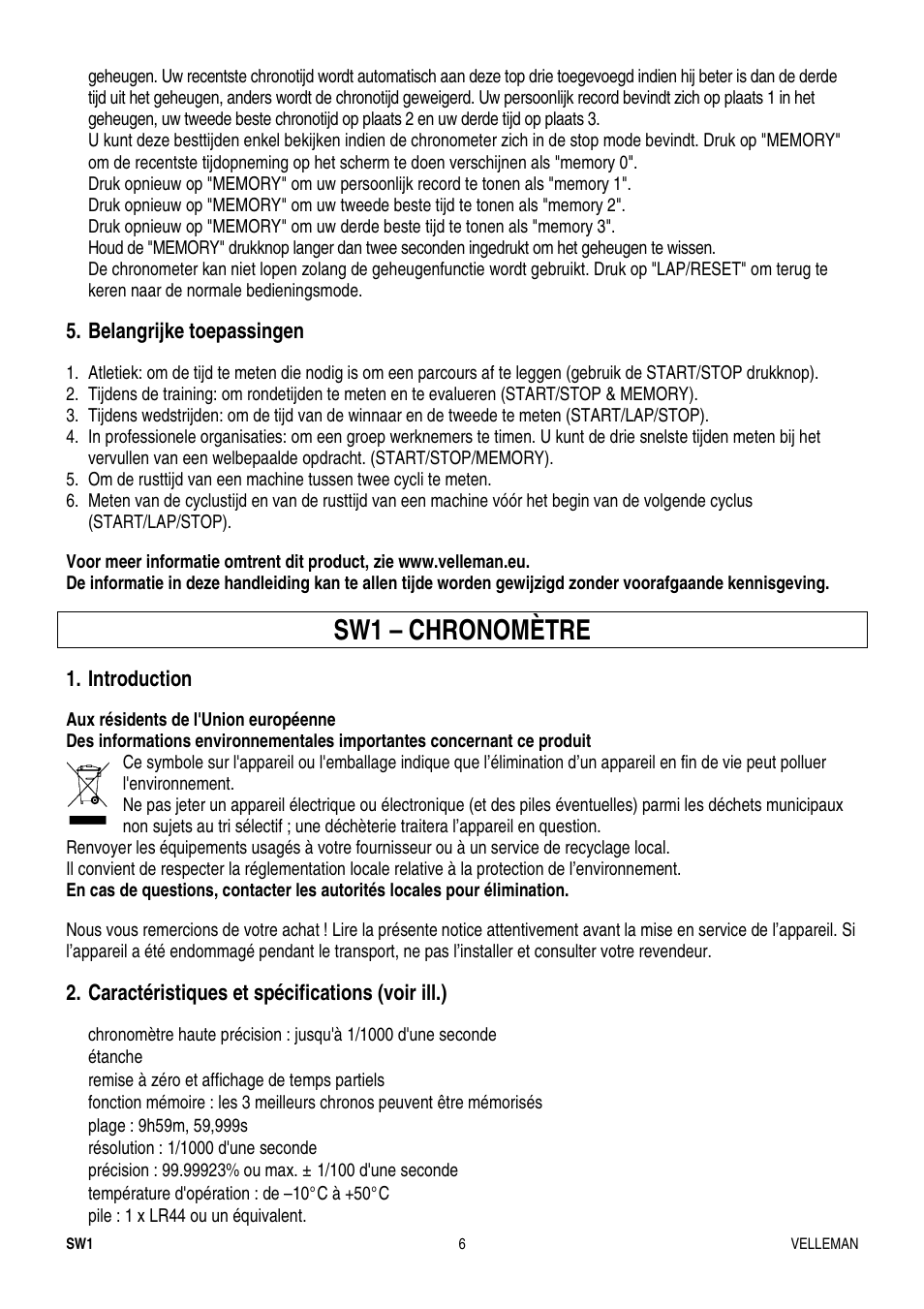 Sw1 – chronomètre | Velleman SW1 User Manual | Page 6 / 11