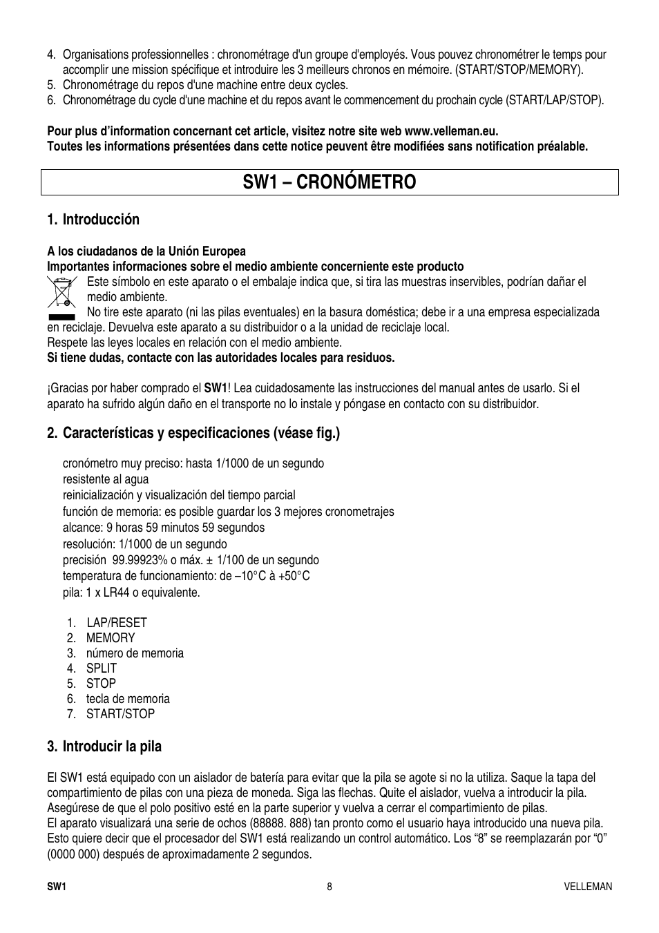 Sw1 – cronómetro | Velleman SW1 User Manual | Page 8 / 11
