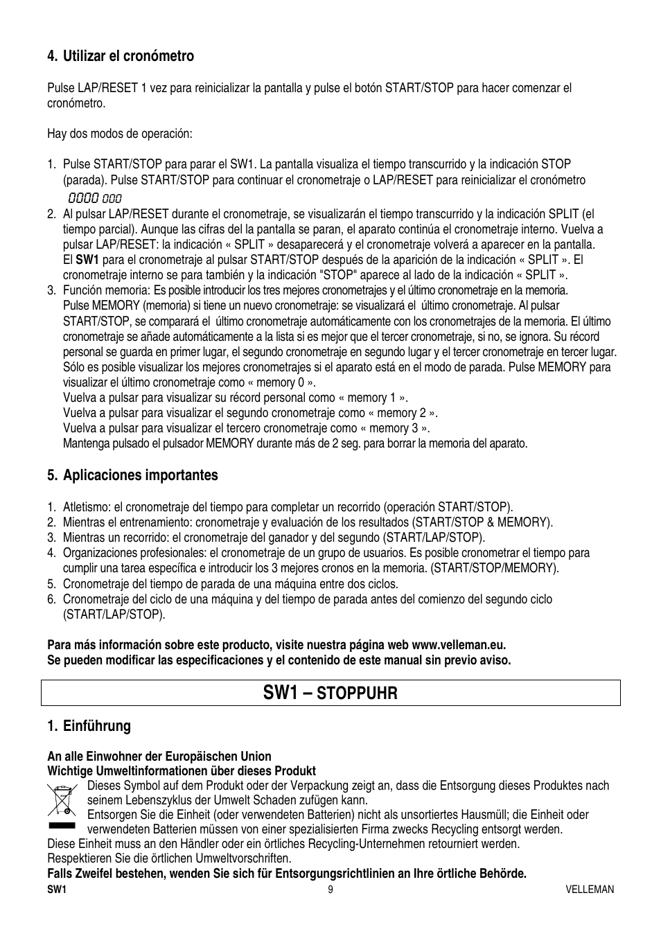 Stoppuhr | Velleman SW1 User Manual | Page 9 / 11