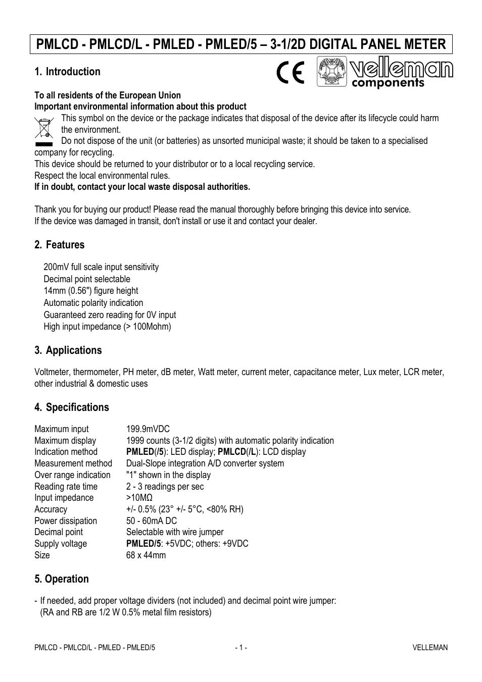 Velleman PMLCD User Manual | 7 pages