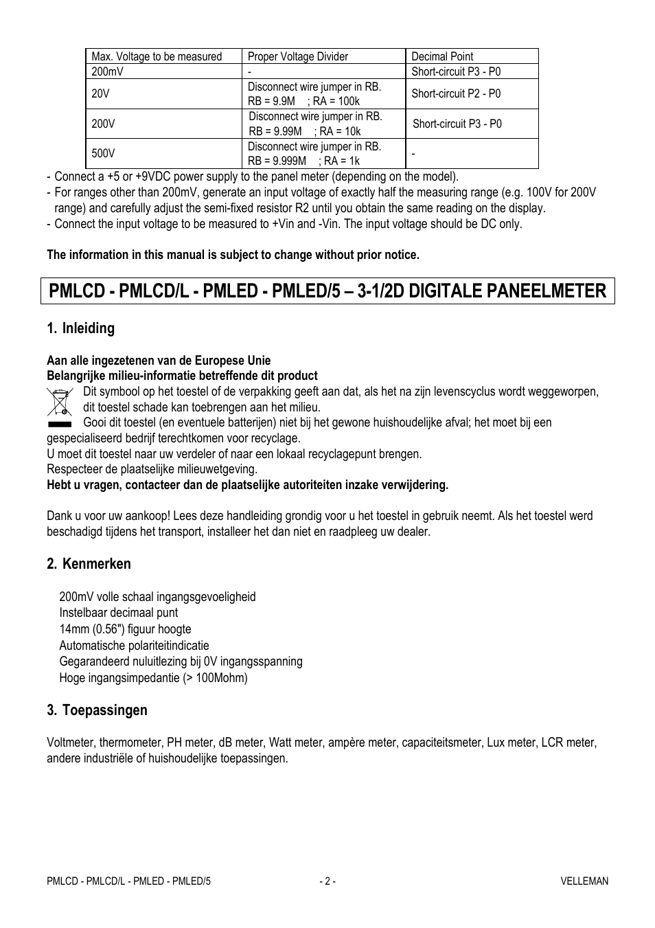 Inleiding, Kenmerken, Toepassingen | Velleman PMLCD User Manual | Page 2 / 7