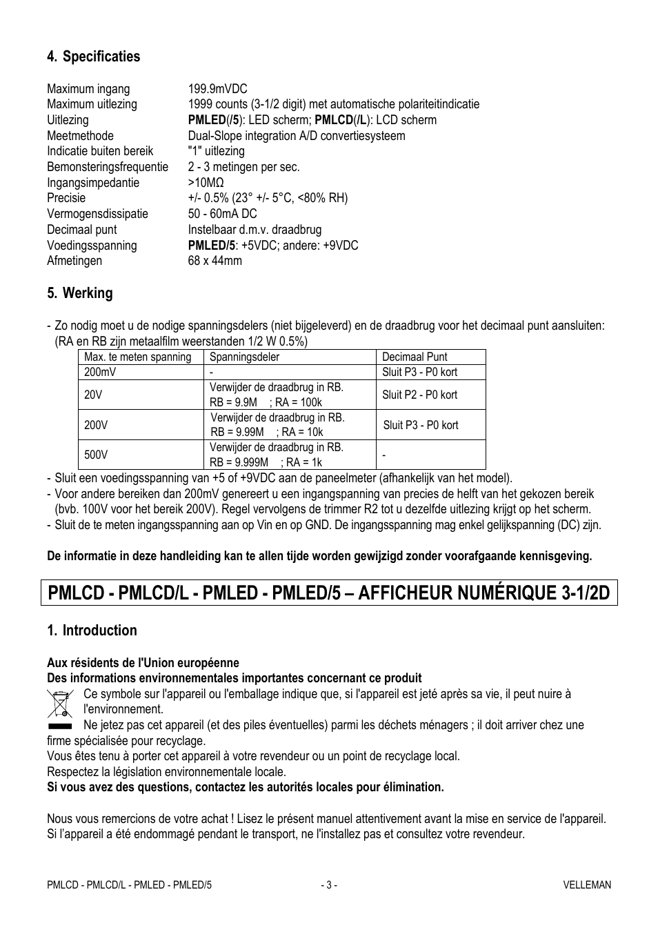 Specificaties, Werking, Introduction | Velleman PMLCD User Manual | Page 3 / 7