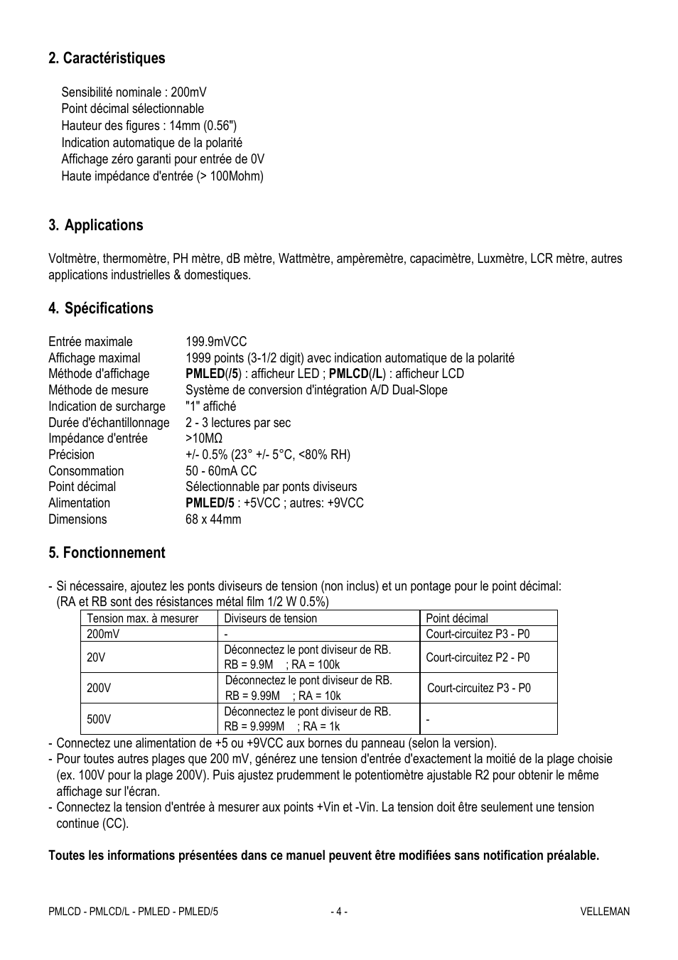 Caractéristiques, Applications, Spécifications | Fonctionnement | Velleman PMLCD User Manual | Page 4 / 7