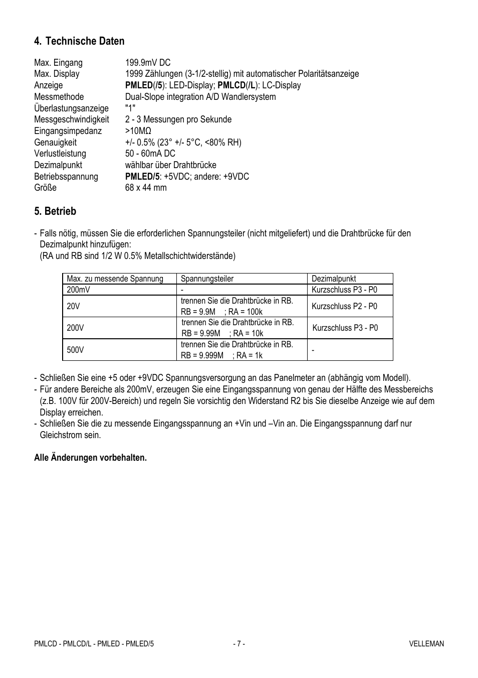 Technische daten, Betrieb | Velleman PMLCD User Manual | Page 7 / 7