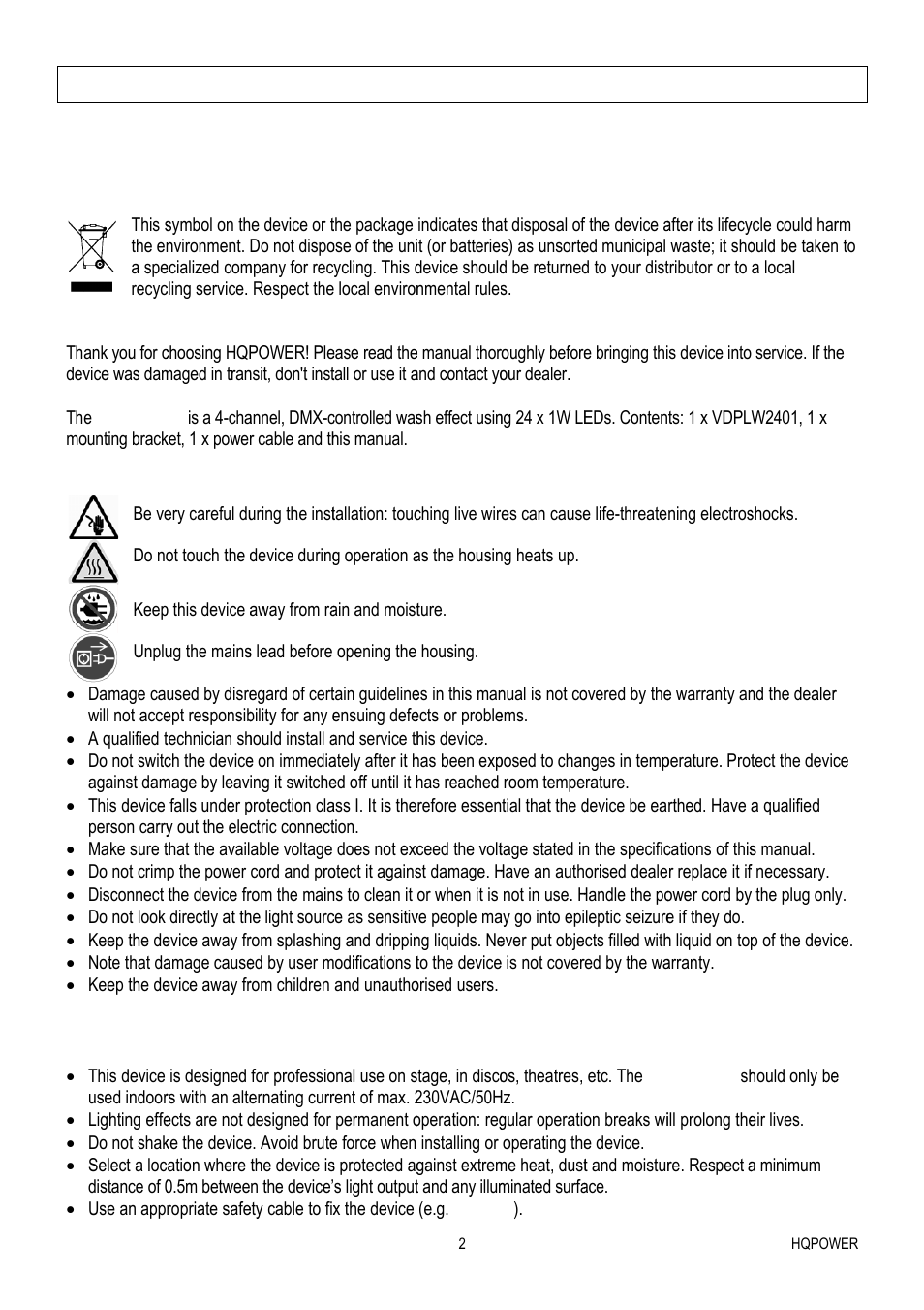 Plw240, 01 – col, Lour w | Wash ef, Ffect - 2, 24 x 1w, W rgb le | Velleman VDPLW2401 User Manual | Page 2 / 21