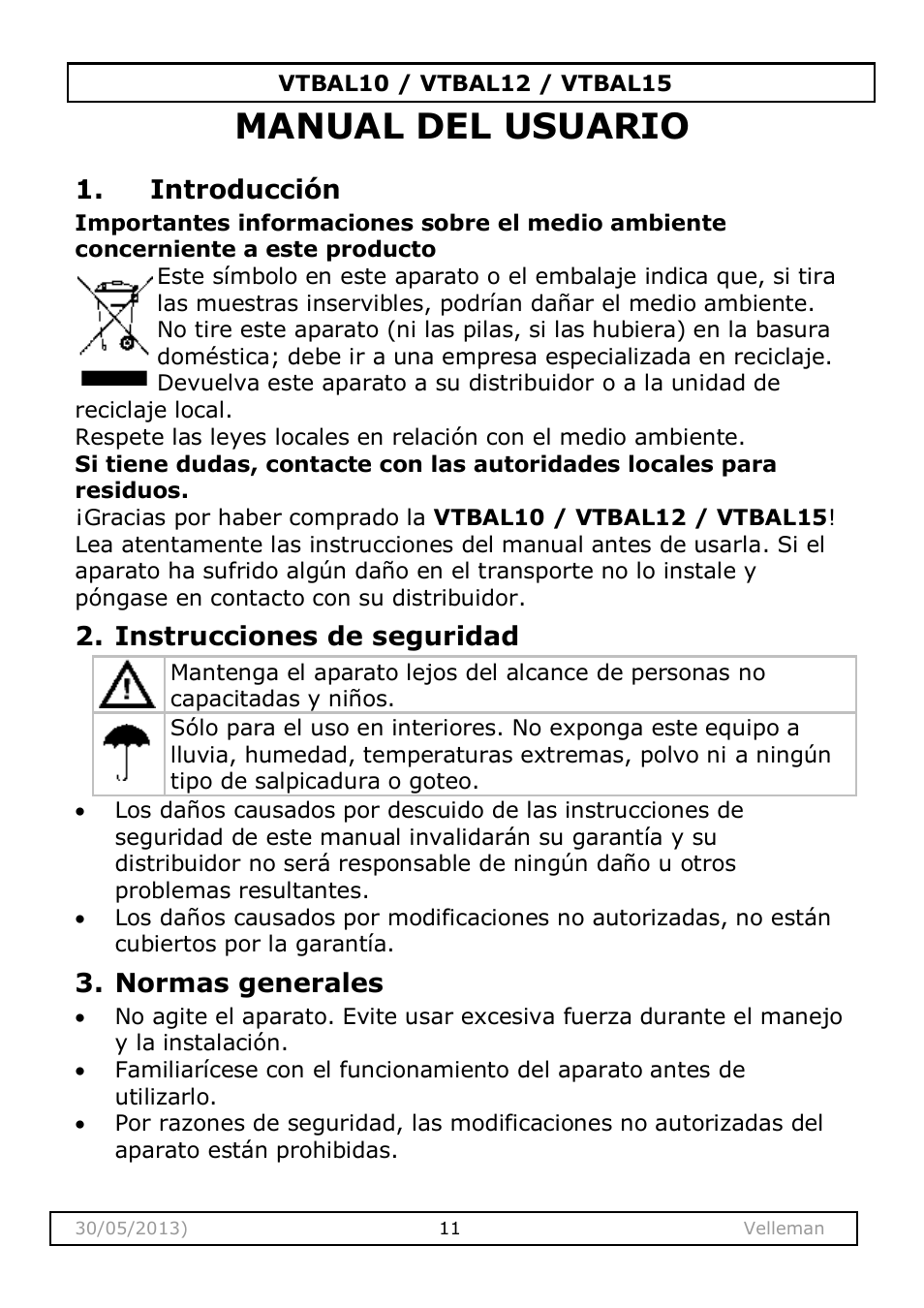 Manual del usuario, Introducción, Instrucciones de seguridad | Normas generales | Velleman VTBAL10 User Manual | Page 11 / 25