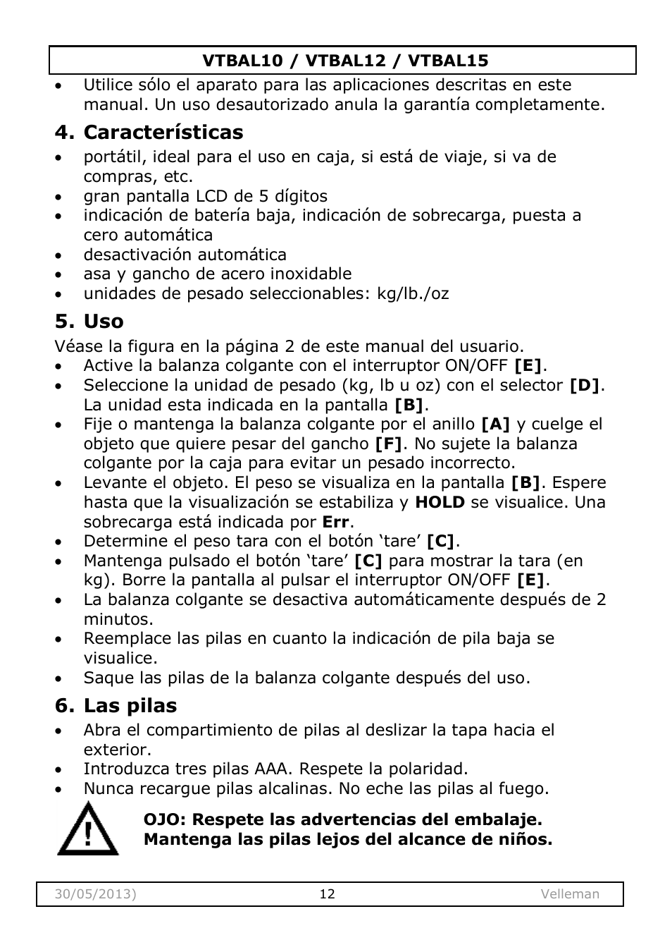 Características, Las pilas | Velleman VTBAL10 User Manual | Page 12 / 25