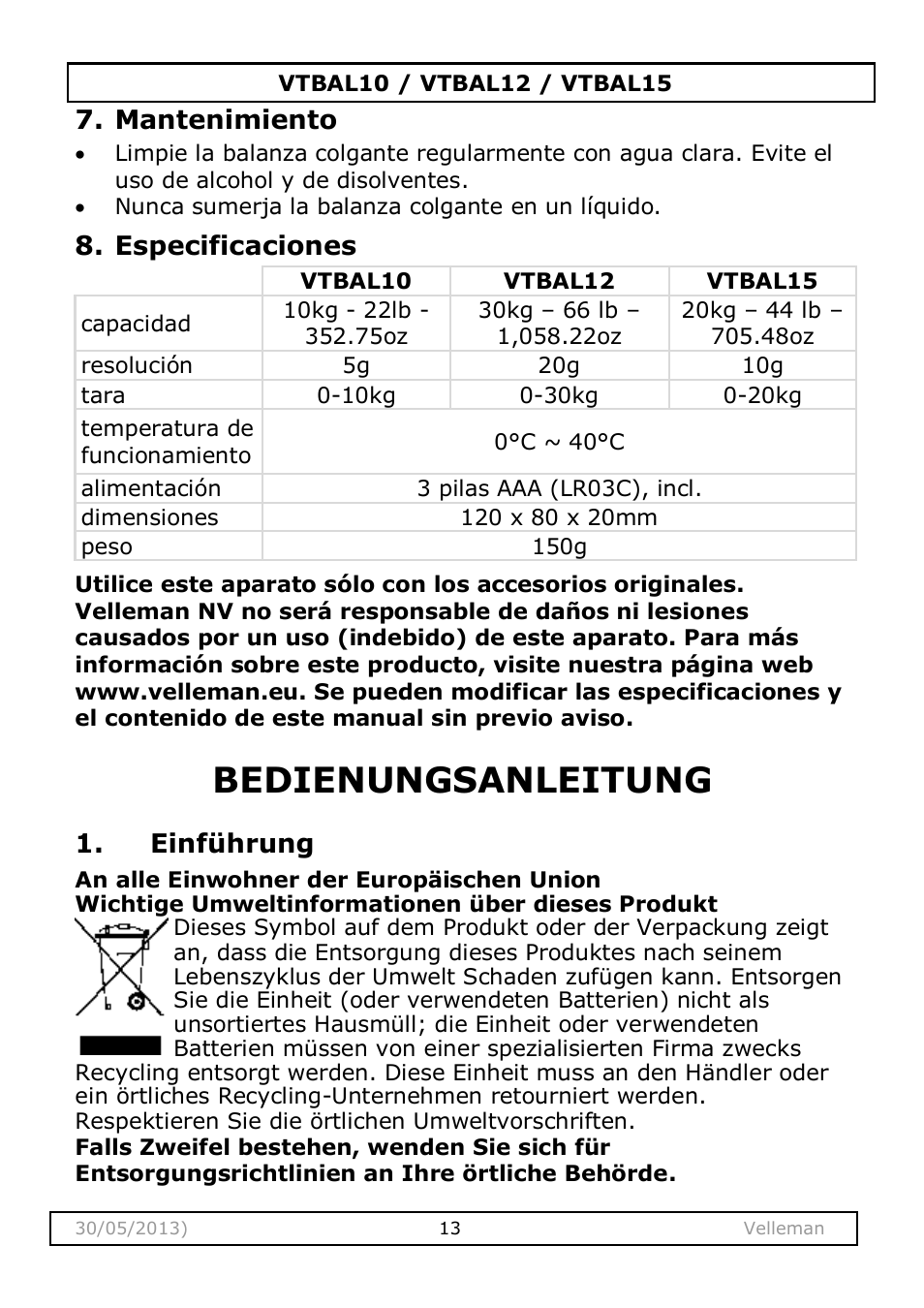 Mantenimiento, Especificaciones, Bedienungsanleitung | Einführung | Velleman VTBAL10 User Manual | Page 13 / 25