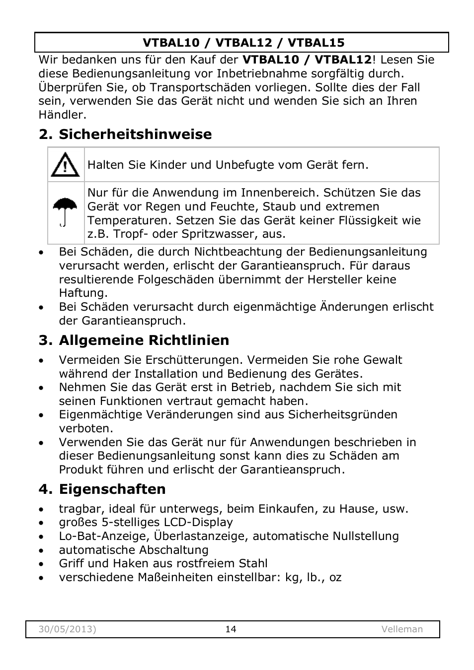 Sicherheitshinweise, Allgemeine richtlinien, Eigenschaften | Velleman VTBAL10 User Manual | Page 14 / 25