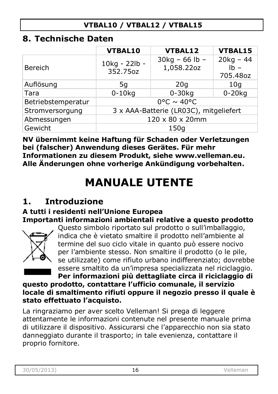 Technische daten, Manuale utente, Introduzione | Velleman VTBAL10 User Manual | Page 16 / 25