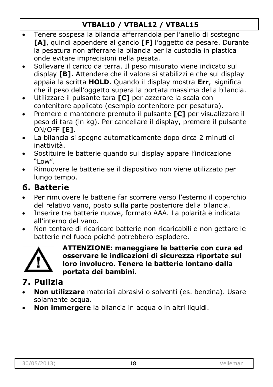 Batterie, Pulizia | Velleman VTBAL10 User Manual | Page 18 / 25