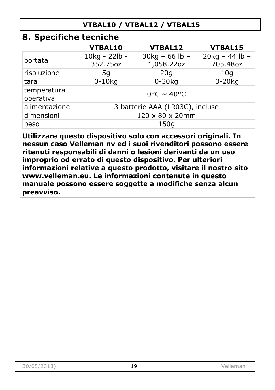 Specifiche tecniche | Velleman VTBAL10 User Manual | Page 19 / 25