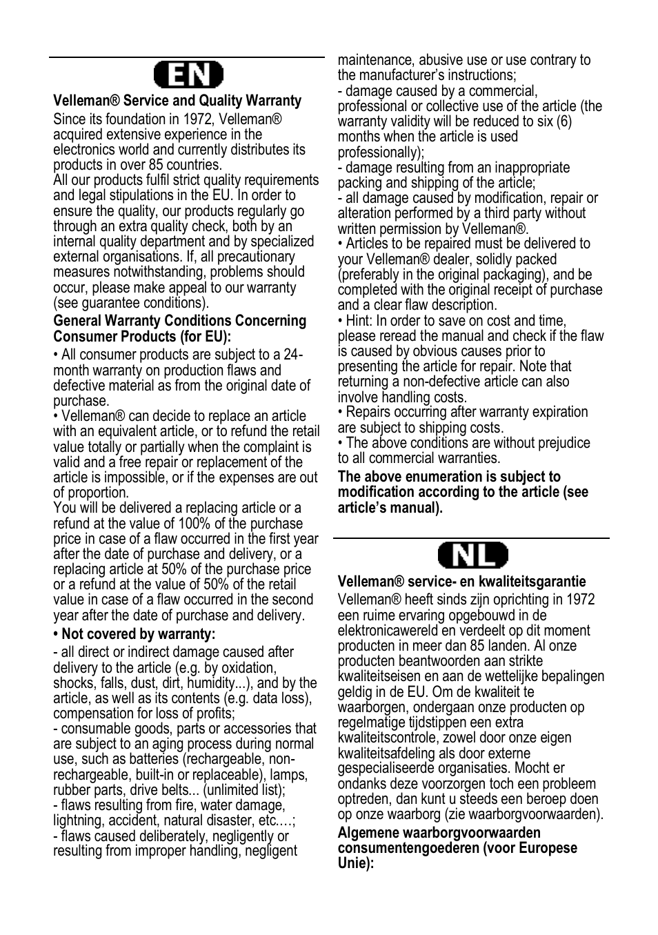 Warranty - garantie - garantia - garanzia | Velleman VTBAL10 User Manual | Page 20 / 25