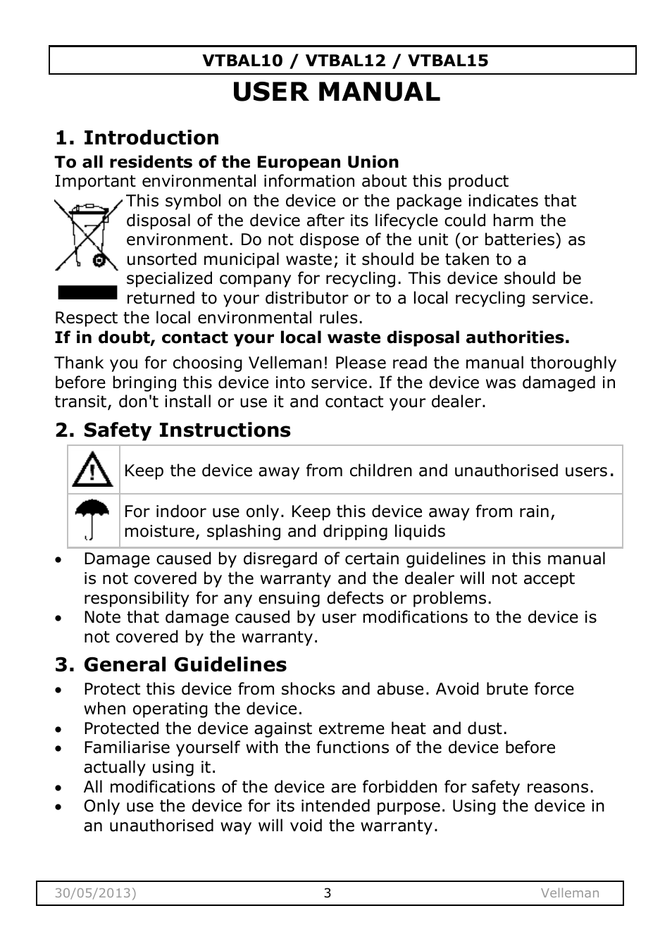 User manual, Introduction, Safety instructions | General guidelines | Velleman VTBAL10 User Manual | Page 3 / 25
