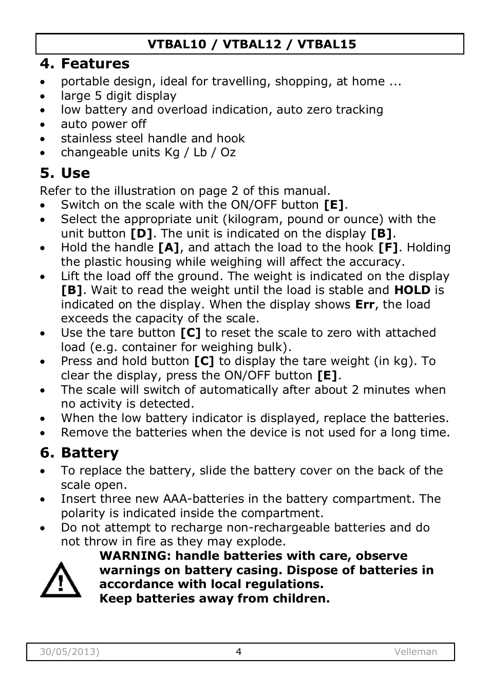 Features, Battery | Velleman VTBAL10 User Manual | Page 4 / 25