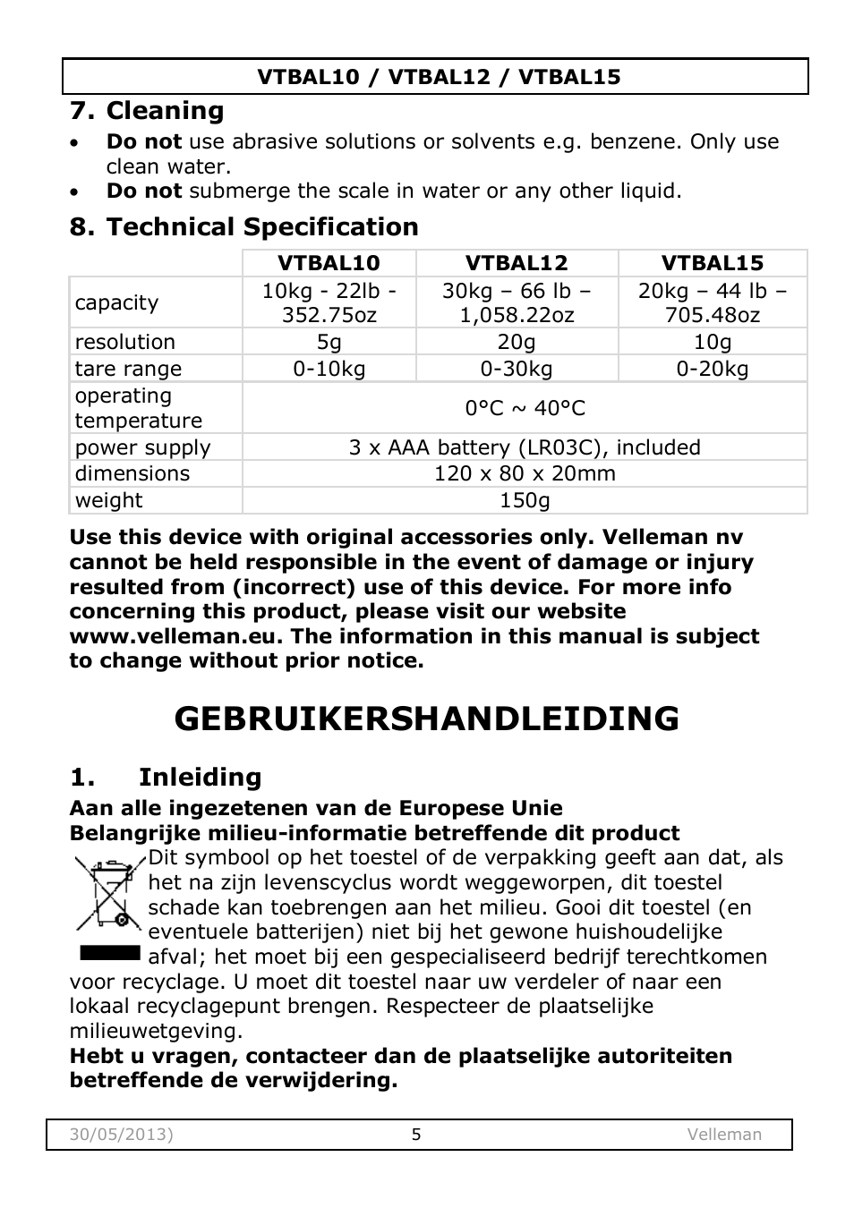 Cleaning, Technical specification, Gebruikershandleiding | Inleiding | Velleman VTBAL10 User Manual | Page 5 / 25
