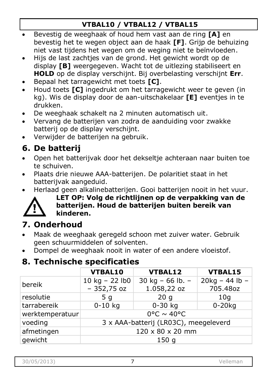 De batterij, Onderhoud, Technische specificaties | Velleman VTBAL10 User Manual | Page 7 / 25