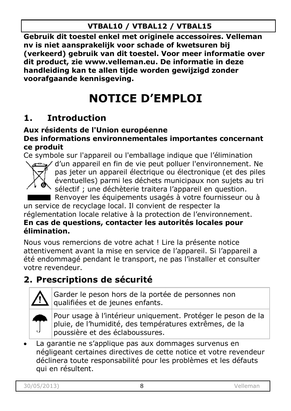 Notice d’emploi, Introduction, Prescriptions de sécurité | Notice d‟emploi | Velleman VTBAL10 User Manual | Page 8 / 25