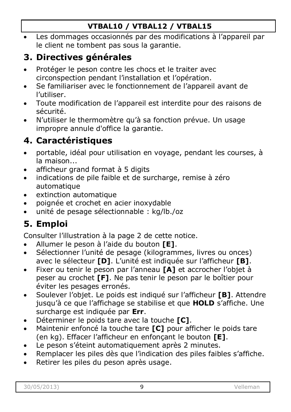 Directives générales, Caractéristiques, Emploi | Velleman VTBAL10 User Manual | Page 9 / 25