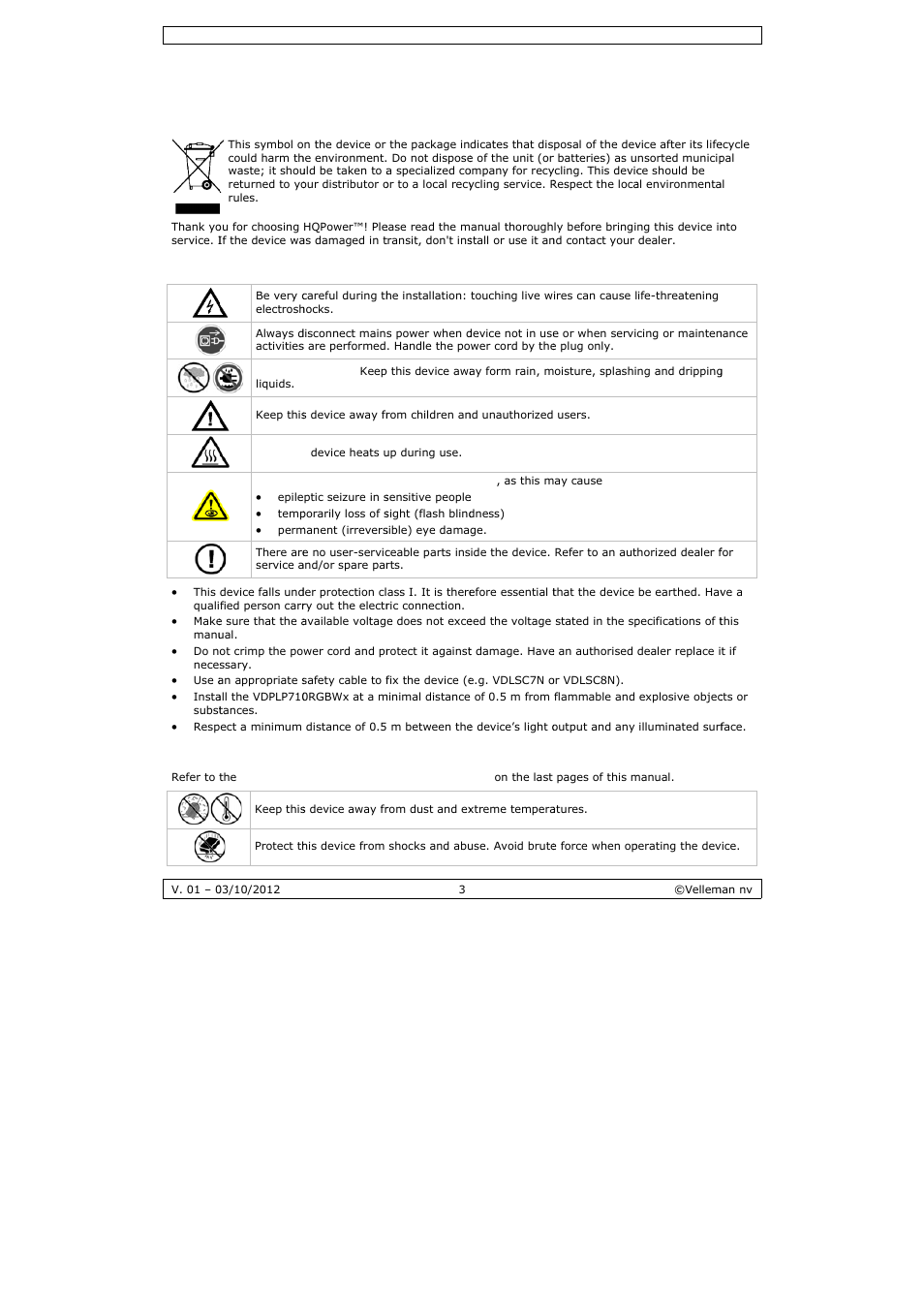 User manual, User ma, Anual | Velleman VDPLP710RGBWB User Manual | Page 3 / 34