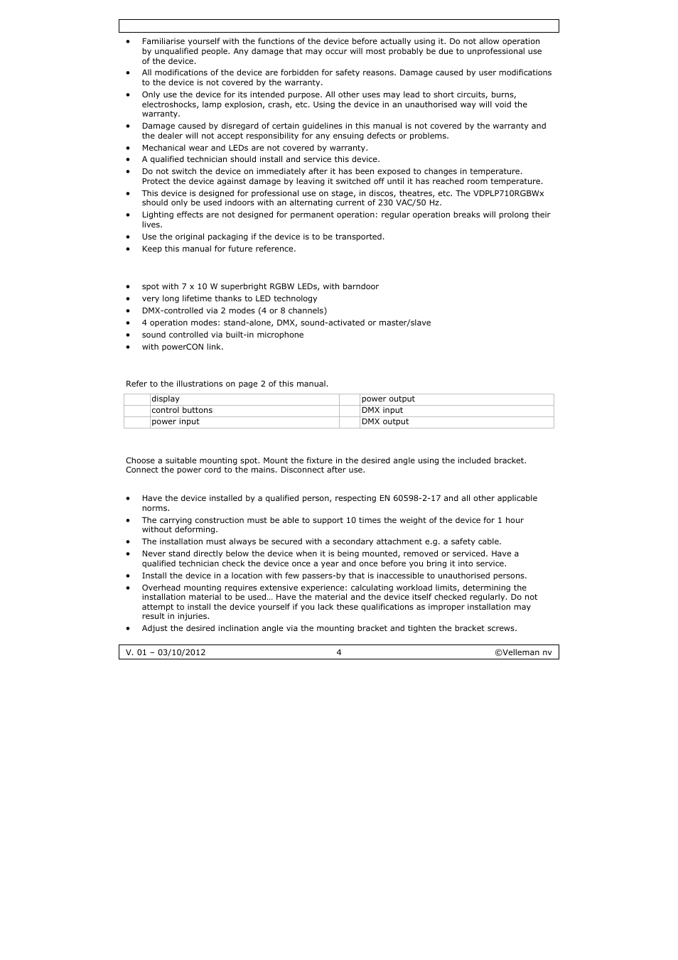 Velleman VDPLP710RGBWB User Manual | Page 4 / 34