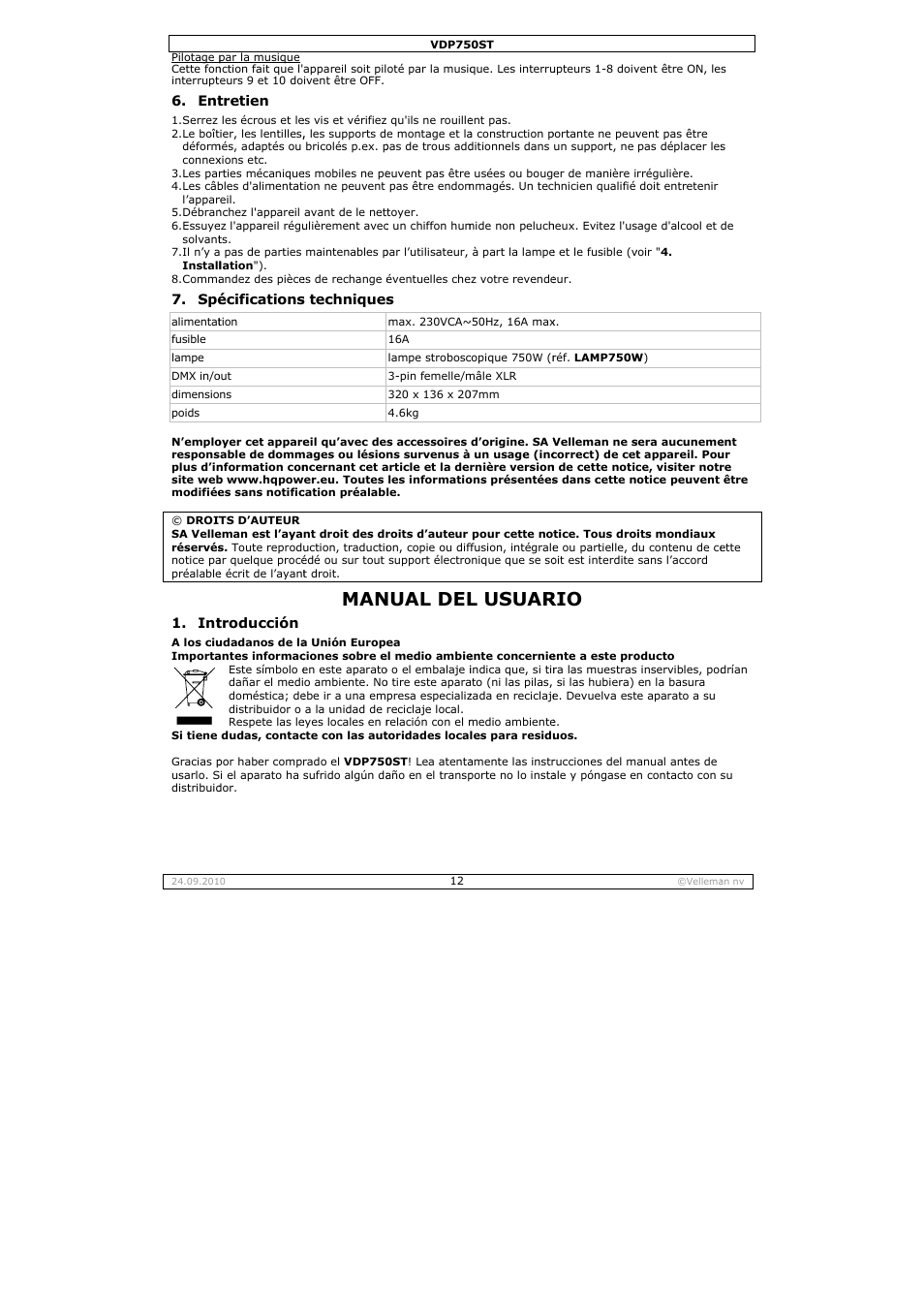 Nual del, L usuar | Velleman VDP750ST User Manual | Page 12 / 22