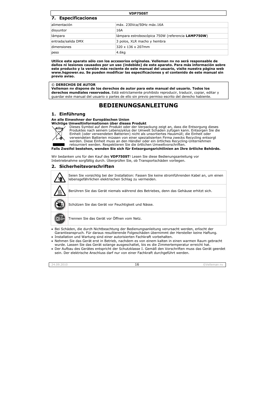 Bedie, Enungs, Anleitu | Velleman VDP750ST User Manual | Page 16 / 22