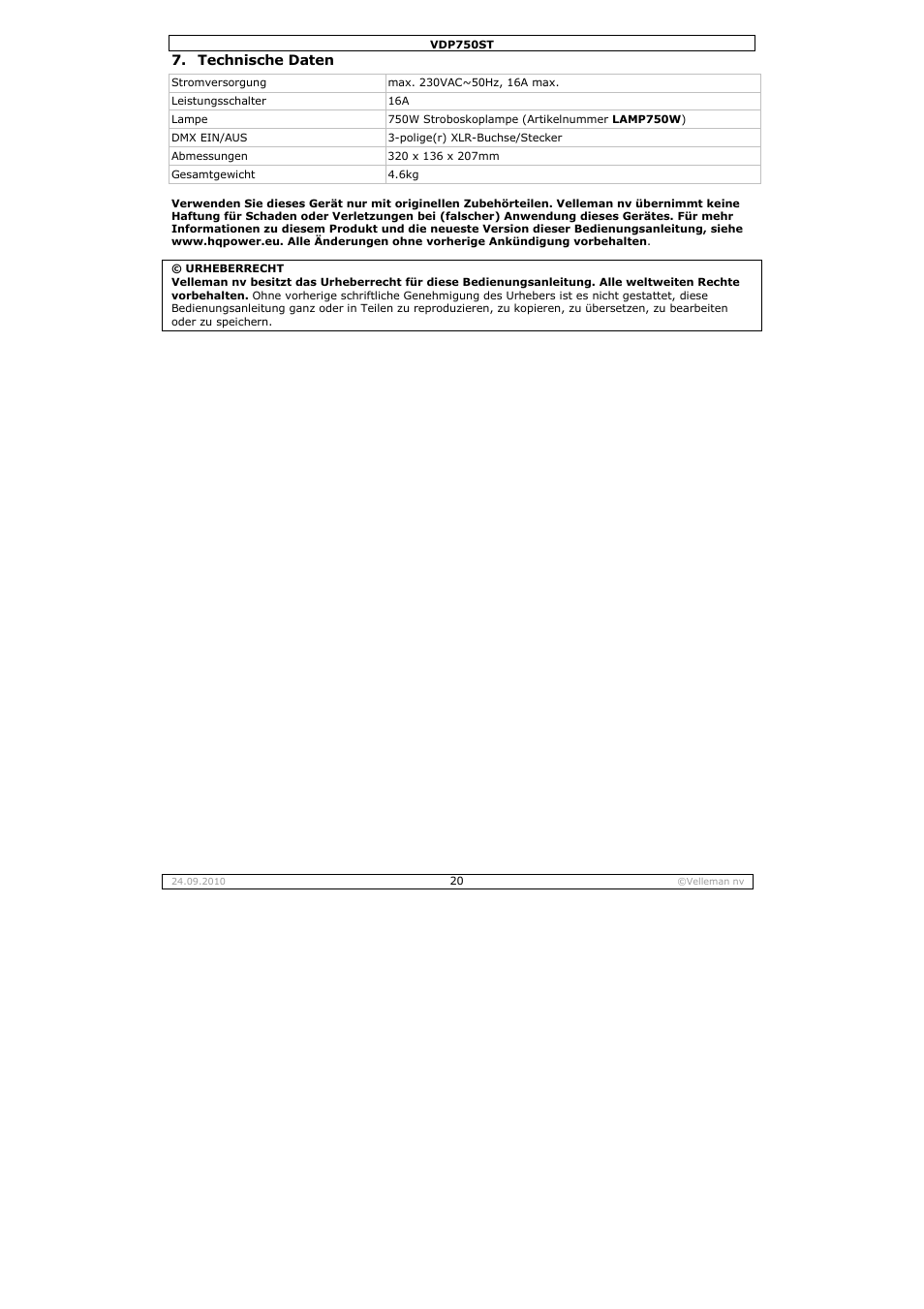 Velleman VDP750ST User Manual | Page 20 / 22