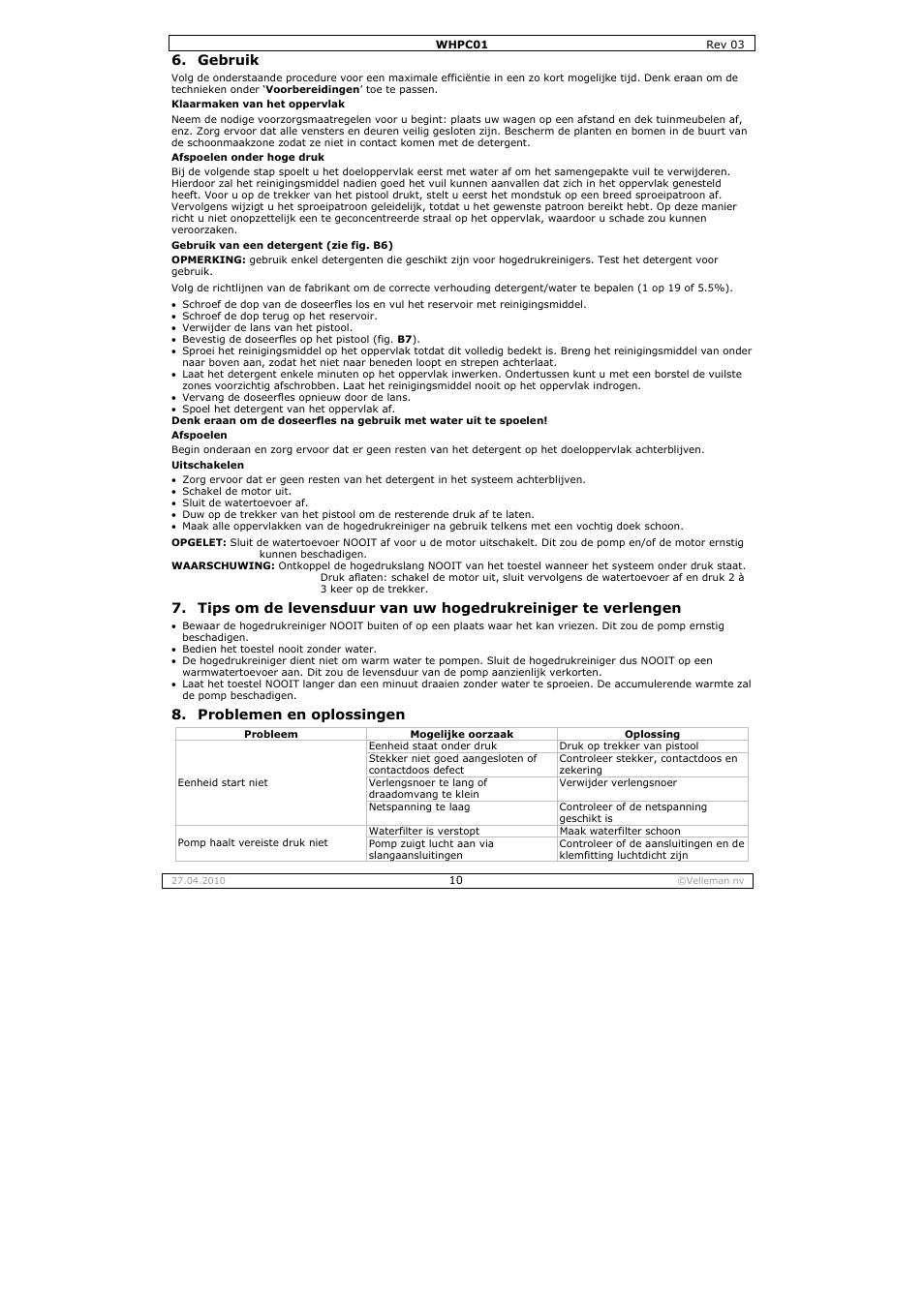 Gebruik, Problemen en oplossingen | Velleman WHPC01 User Manual | Page 10 / 32