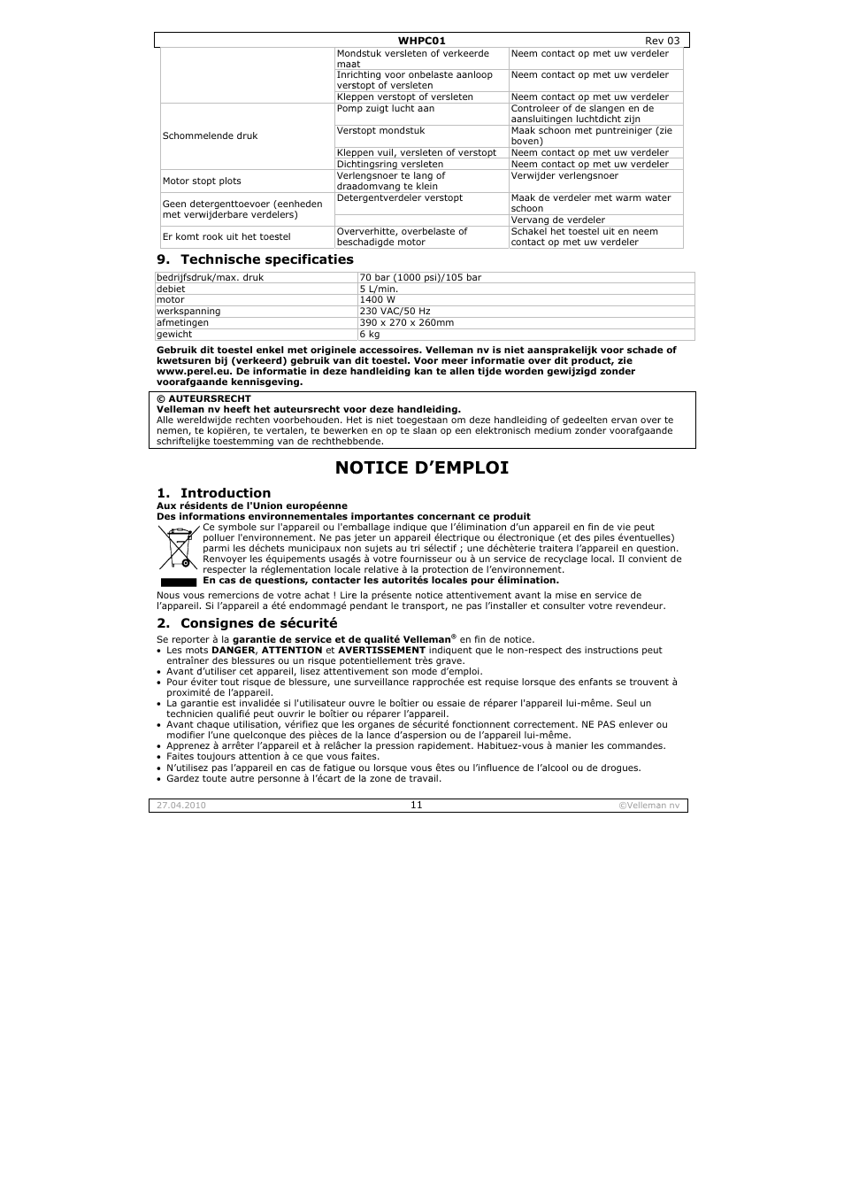 Otice d, Emploi, Chnische sp | Troduction, Nsignes de, Pecificaties, Sécurité | Velleman WHPC01 User Manual | Page 11 / 32
