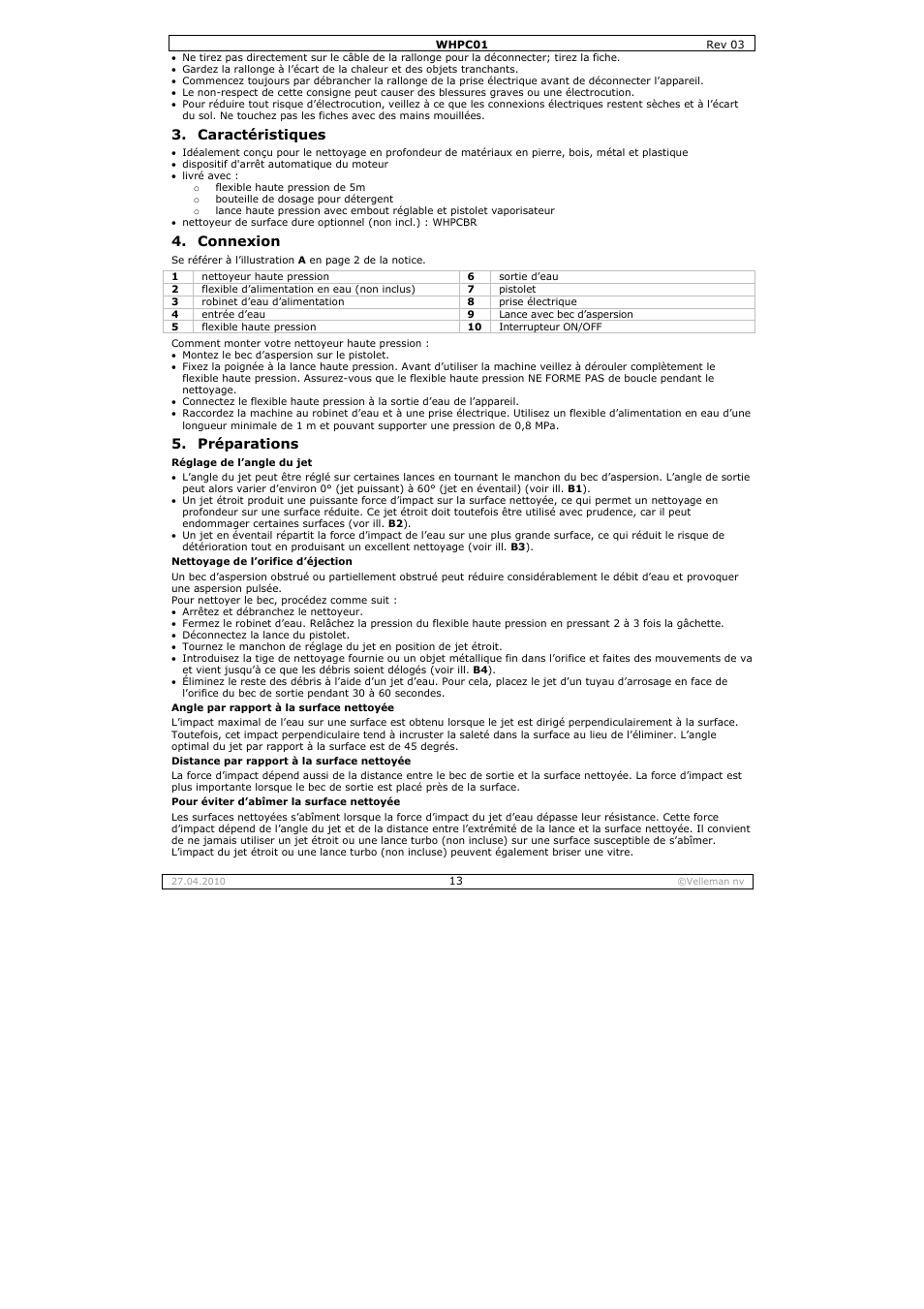 Caractéristiques, Connexion, Préparations | Velleman WHPC01 User Manual | Page 13 / 32