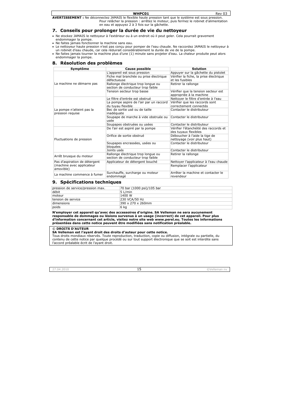 Résolution des problèmes, Spécifications techniques | Velleman WHPC01 User Manual | Page 15 / 32