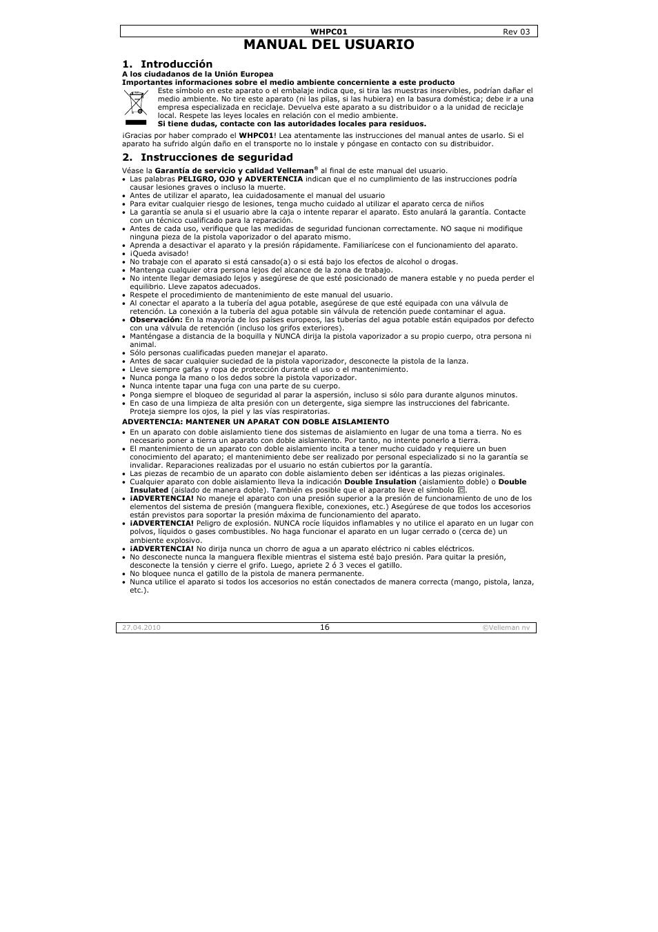 Nual del, L usuar, Troducción | Strucciones, S de segurid | Velleman WHPC01 User Manual | Page 16 / 32