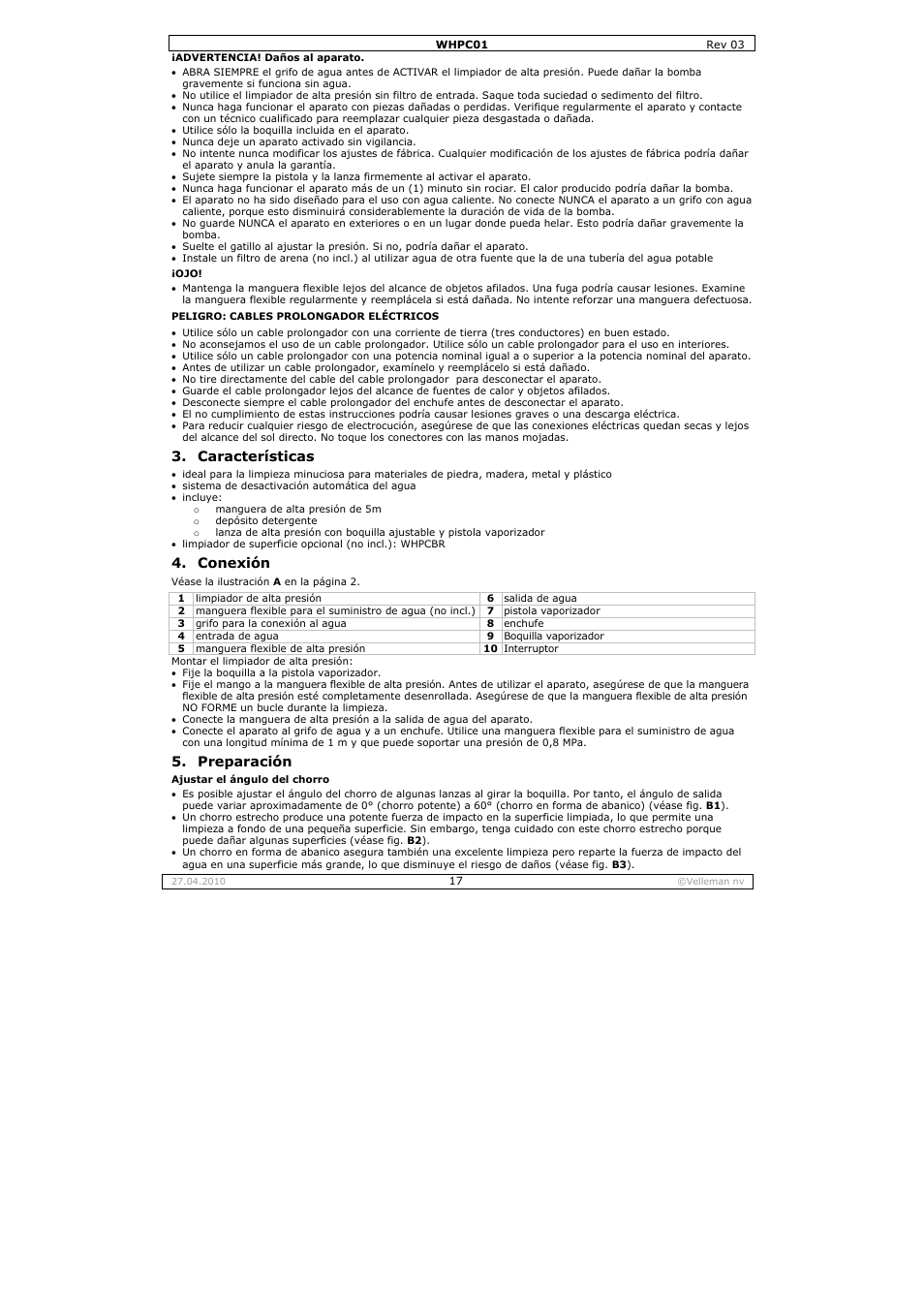 Características, Conexión, Preparación | Velleman WHPC01 User Manual | Page 17 / 32