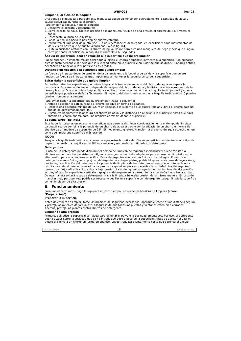 Funcionamiento | Velleman WHPC01 User Manual | Page 18 / 32