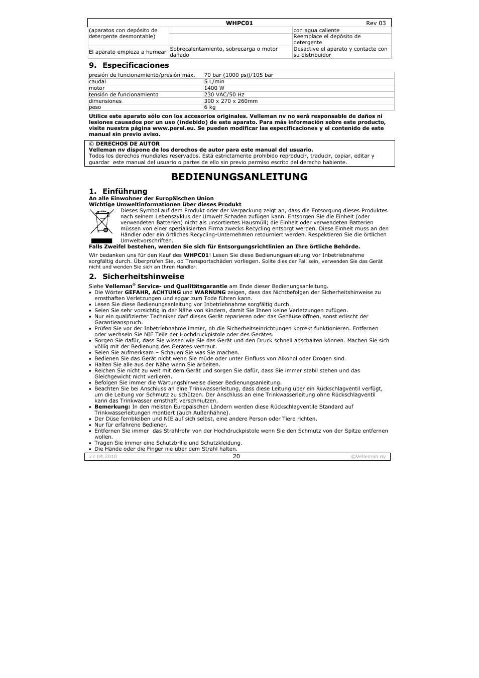 Bedie, Enungs, Anleitu | Pecificacion, Nführung, Cherheitshin, Nweise | Velleman WHPC01 User Manual | Page 20 / 32