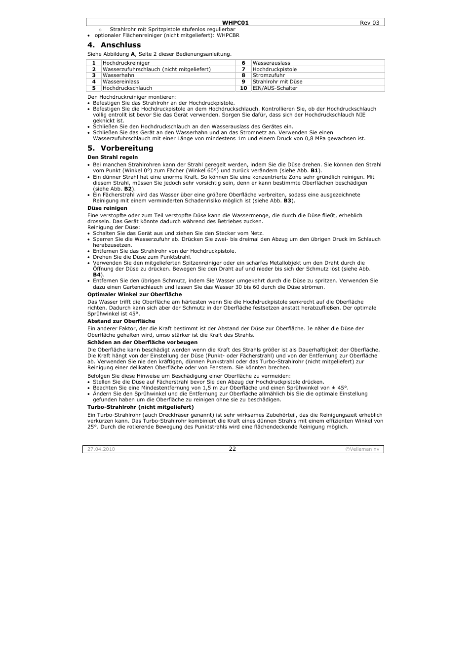 Anschluss, Vorbereitung | Velleman WHPC01 User Manual | Page 22 / 32