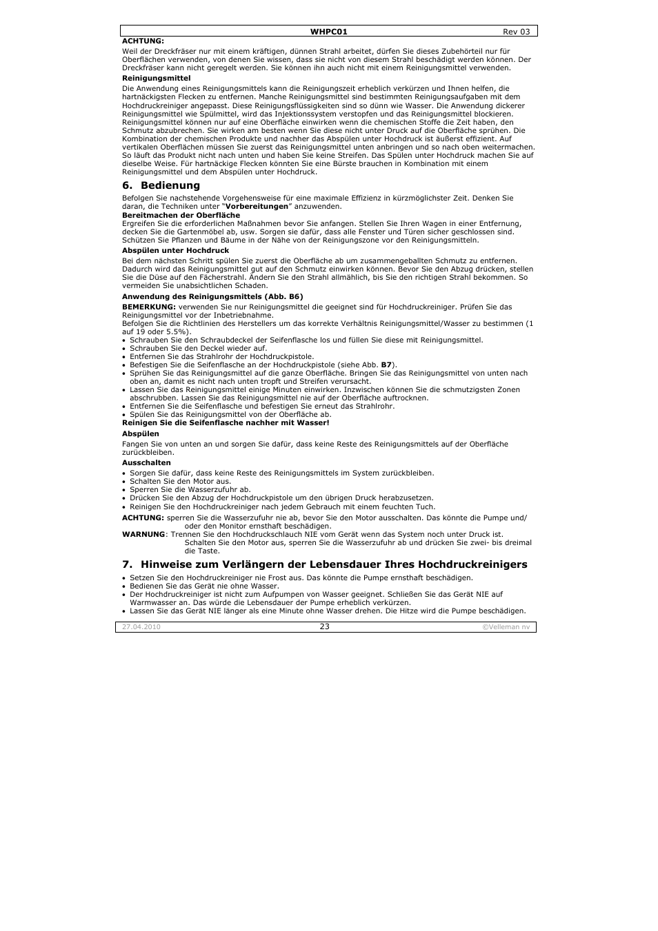 Bedienung | Velleman WHPC01 User Manual | Page 23 / 32