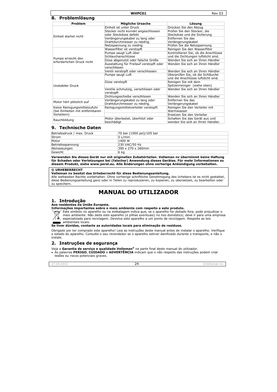 Manu, Ual do u, Utilizad | Oblemlösun, Chnische da, Trodução, Struções de, Aten, E segurança | Velleman WHPC01 User Manual | Page 24 / 32