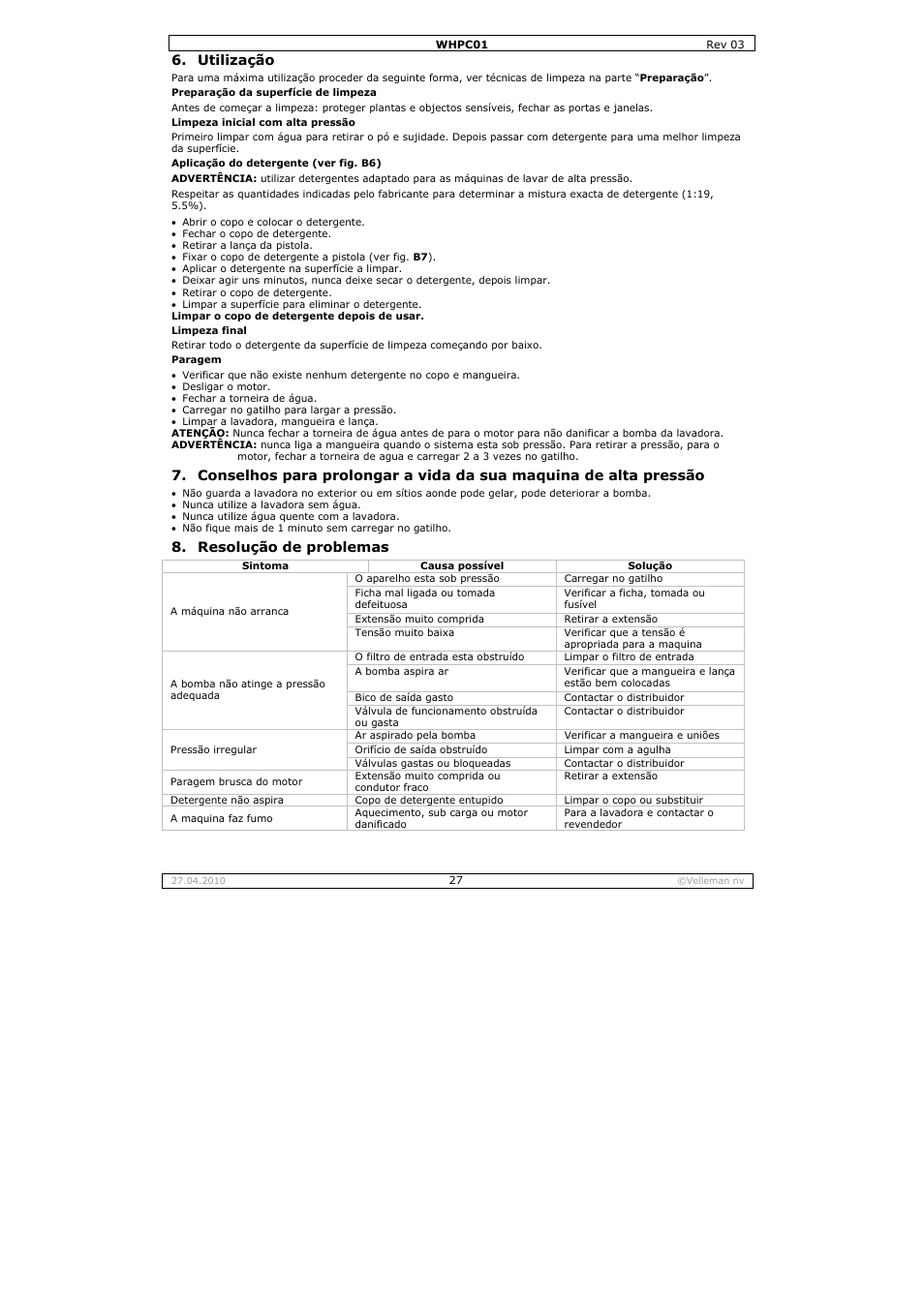 Utilização, Resolução de problemas | Velleman WHPC01 User Manual | Page 27 / 32