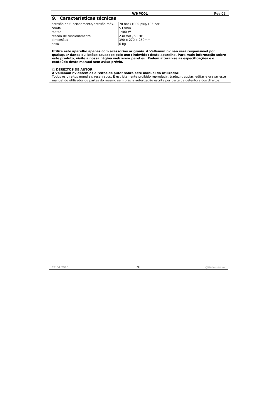 Características técnicas | Velleman WHPC01 User Manual | Page 28 / 32