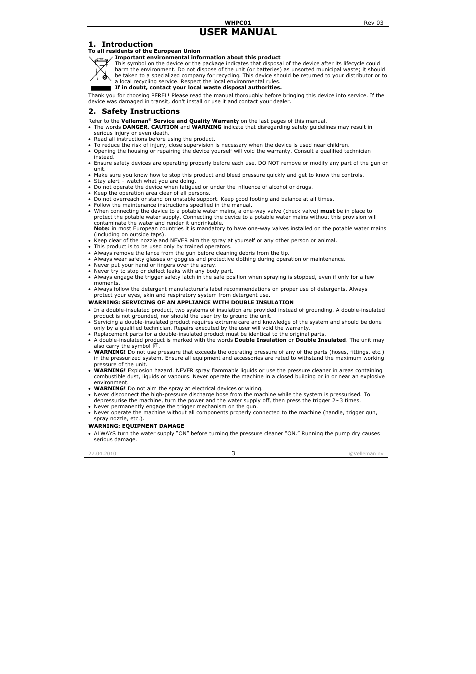 User ma, Anual, Troduction | Fety instruc, Ctions | Velleman WHPC01 User Manual | Page 3 / 32